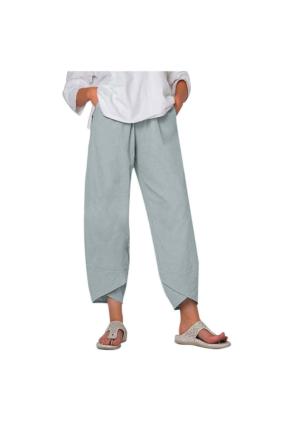 Plus Size Linen Pants for Women Tulip Hem Capri Pants with Pockets Summer Loose Fit Plus Size Straight Trousers Solid Color High Waisted Lounge Pant