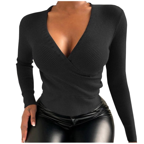 VEKDONE Plus Size Pullover Sweater for Women Clearance Sale Long Sleeve Deep-V Blouse Sexy Slim Knit Tunics Tops Solid Color Casual Underwear Loungewear