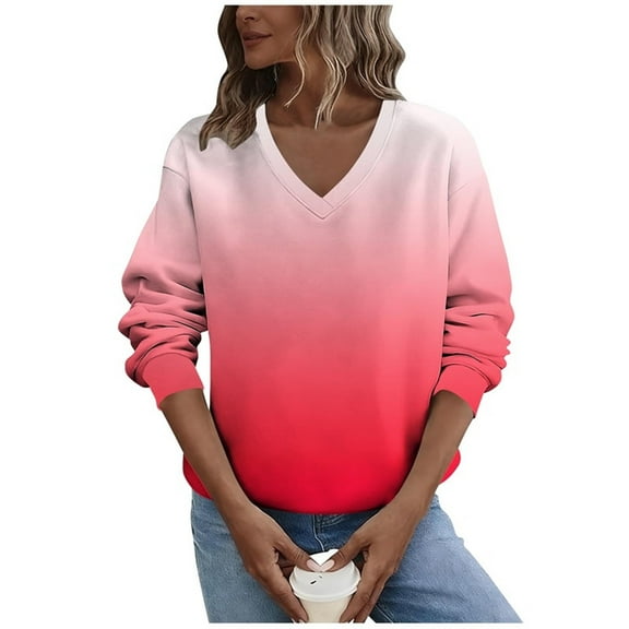 VEKDONE Plus Size Sweatshirts for Women Fashion Gradient Color Thin Fleece Sweatshirt Long Sleeve V-Neck Pullover Sweatshirts Casual Loose Fit Blouses