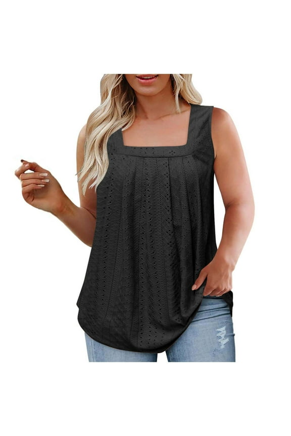 Plus Size Tank Tops for Women Summer Sleeveless Square Neck Tunics Tops Trendy Hollow Out Breathable Lightweight Vacation Vests Black 5X-Large