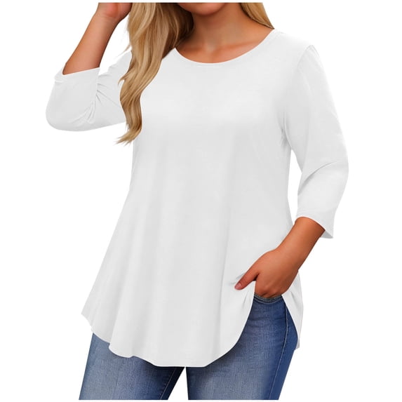 VEKDONE Plus Size Tops for Women Summer 3/4 Sleeve Loose Fit Shirts Solid Color Lightweight Flowy Tunic Tops Casual Crewneck Comfy Blouse White XXL