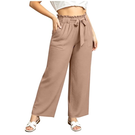VEKDONE Plus Size Wide Leg Pants for Women Elastic Waist Drawstring Long Pants Summer Loose Fit Lightweight Daily Office Pants with Pockets Beige XXXL
