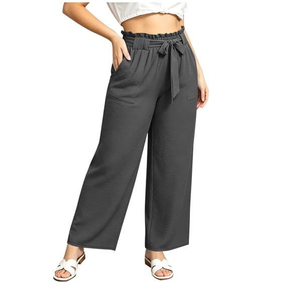 VEKDONE Plus Size Wide Leg Pants for Women Elastic Waist Drawstring Long Pants Summer Loose Fit Lightweight Daily Office Pants with Pockets Gray XXXXXL