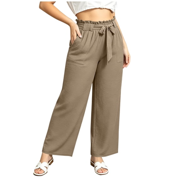 VEKDONE Plus Size Wide Leg Pants for Women Elastic Waist Drawstring Long Pants Summer Loose Fit Lightweight Daily Office Pants with Pockets Khaki XXXXXL