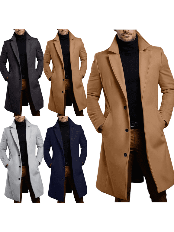 Plus Size Wool Overcoat for Men Notch Lapel Single-Breasted Soft Trench Coat Long-Length Loose Fit Jacket with Pockets Lounge Daily Outerwear for Commuting