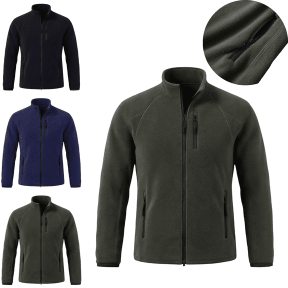 VEKDONE Polar Fleece Jackets for Men Stand Collar Full Zip Up Warm Jacket Relaxed Fit Long Sleeve Multi Zipper Pockets Coat Fall Winter Trendy Outerwear for Cold Weather
