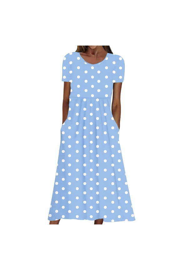 Polka Dot Midi Dresses for Women Summer Short Sleeve Round Neck Boho Dress Casual Loose Fit Lightweight Beach Dress Fashion Vacation Dress Light Blue XXL
