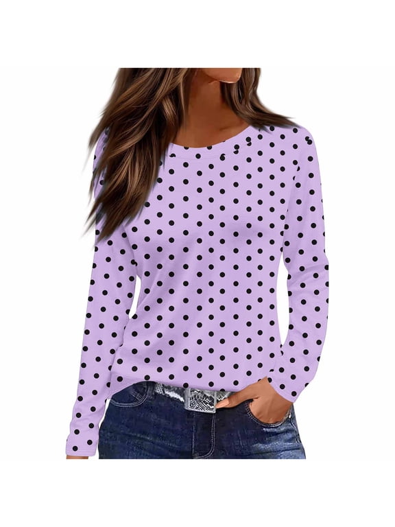 Polka Dot Top Long Sleeve Crew Neck Basic Shirt Casual Stretch Loose Fit Comfy Pullover Blouse Tunic Top Everyday Wear Tee Purple XXL