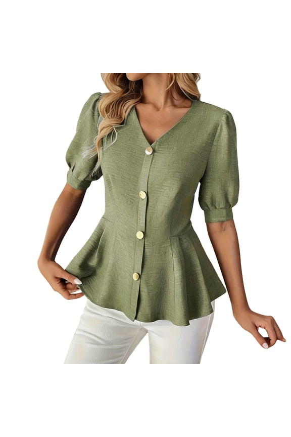 Puff Short Sleeve Blouse for Women Elegant Button Down V Neck Shirt with Ruffle Hem Dressy Solid Color Flowy Blouse Summer Peplum Top Green L