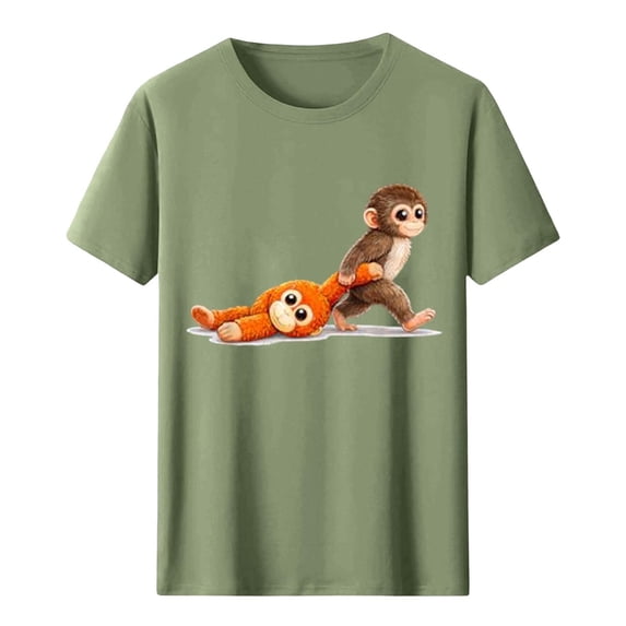 VEKDONE Punch Baby Monkey Graphic Shirt for Women Plush Toy Rescue Story Inspired Design Comfort Blouse Summer Cotton T-Shirt Green(Graphic 5) L