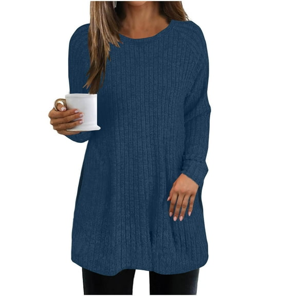 VEKDONE Ribbed Knit Sweaters for Women Raglan Long Sleeve Round Neck Pullover Tops Fall Casual Loose Fit Lightweight Tunic Tops Solid Color Mid-Length Sweater Fashion Clothes 2025