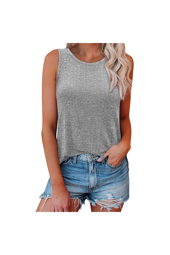 Ribbed Knit Tank Tops for Women Sleeveless Crewneck Tunics Tops Solid Color Loose Fit Lounge Tee Summer Soft Comfy Tanks Gray Large
