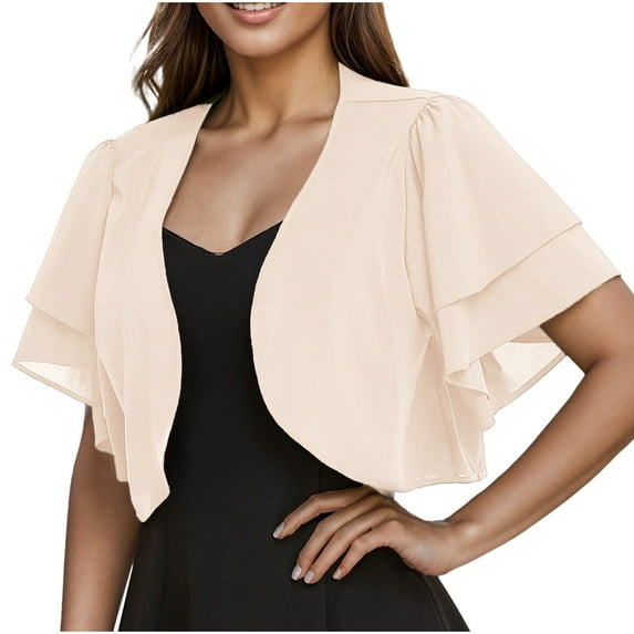 VEKDONE Ruffle Shrugs for Women Cropped Short Sleeve Open Front Cardigans Sheer Summer Casual Chiffon Bolero Tops Evening Dress