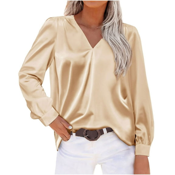 VEKDONE Satin Shirt for Women Long Sleeve V-Neck Pleated Blouse Solid Color Loose Lounge Blouse Dressy Business Office Work Shirts