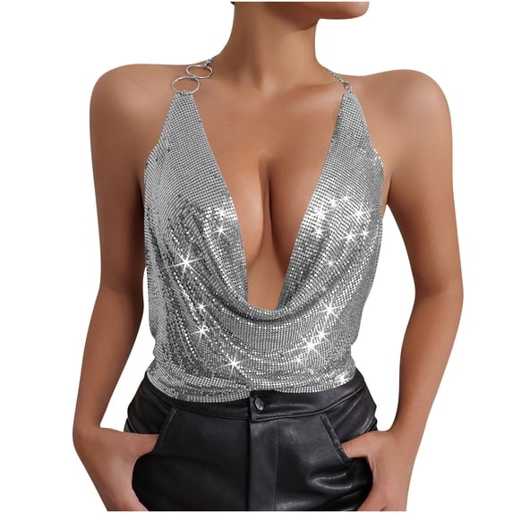 VEKDONE Sexy Tanks for Women Metallic Sequins Halter Crop Tank Tops Deep V Neck Backless Camisole Fashion Party Clubwear Rave Vest Silver L