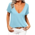 thumbnail image 1 of VEKDONE Sexy Tops for Women Deep V Neck Short Sleeve Shirts Summer Low Cut Loose Fit Tshirts Trendy Solid Color Stretch Blouse Milk Silk Breathable Clothes Fashion Clothing Light Blue M, 1 of 5