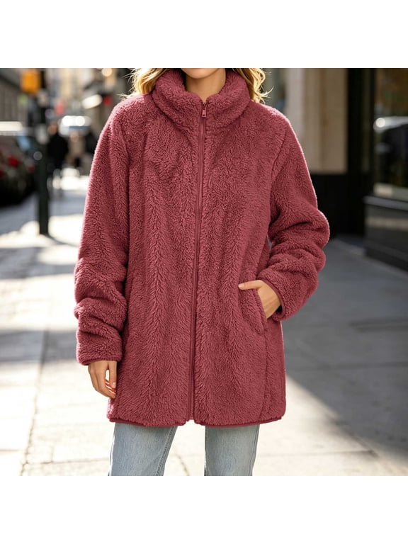 Sherpa Jacket for Women Stand Collar Full Zip Jackets Mid-Length Fuzzy Fleece Coat Casual Warm Thick Outerwear for Fall and Winter