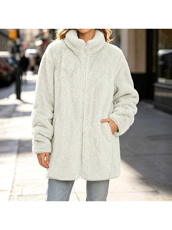 Sherpa Jacket for Women Stand Collar Full Zip Jackets Mid-Length Fuzzy Fleece Coat Casual Warm Thick Outerwear for Fall and Winter