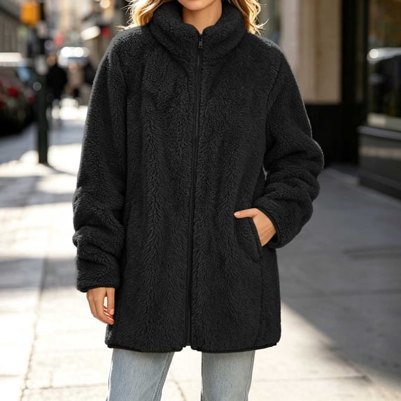 VEKDONE Sherpa Jacket for Women Stand Collar Full Zip Jackets Mid-Length Fuzzy Fleece Coat Casual Warm Thick Outerwear for Fall and Winter