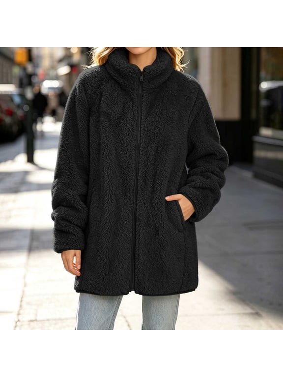 Sherpa Jacket for Women Stand Collar Full Zip Jackets Mid-Length Fuzzy Fleece Coat Casual Warm Thick Outerwear for Fall and Winter