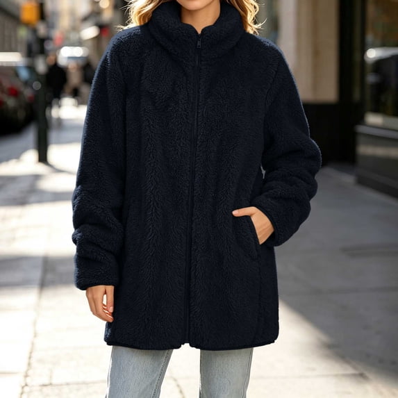 VEKDONE Sherpa Jacket for Women Stand Collar Full Zip Jackets Mid-Length Fuzzy Fleece Coat Casual Warm Thick Outerwear for Fall and Winter