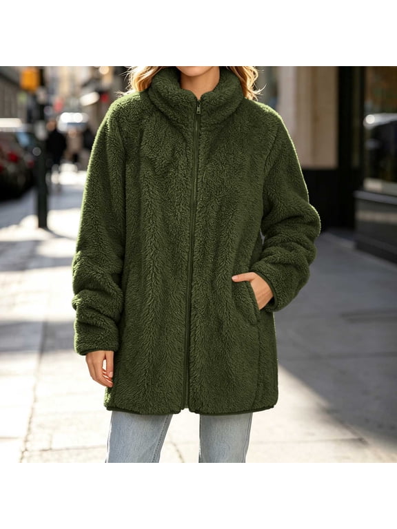 Sherpa Jacket for Women Stand Collar Full Zip Jackets Mid-Length Fuzzy Fleece Coat Casual Warm Thick Outerwear for Fall and Winter