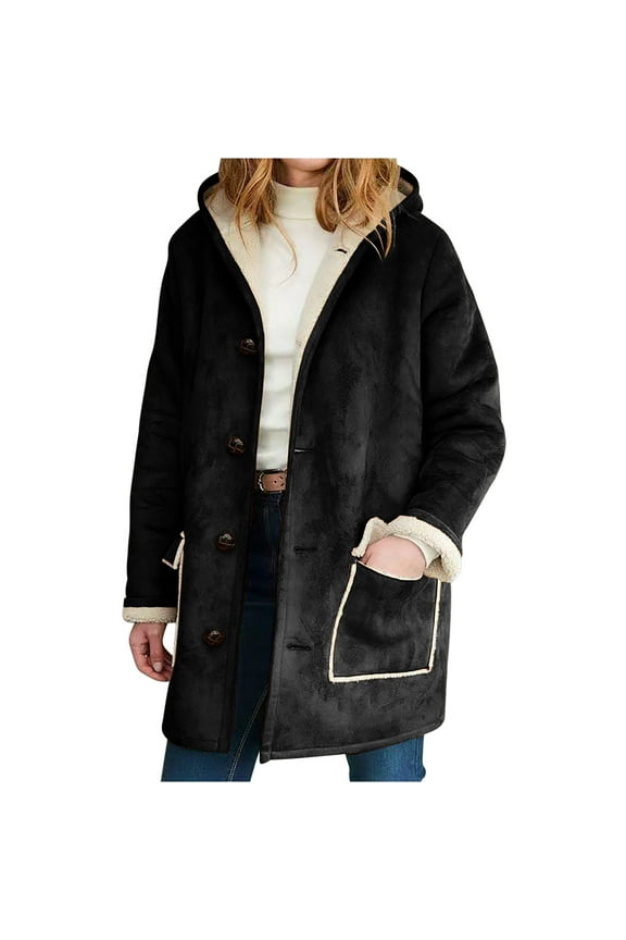Sherpa Lined Hoodie Jacket for Women Winter Single Breasted Long Sleeve Hooded Coats Faux Fur Suede Fuzzy Coats Warm Jackets with Pocket