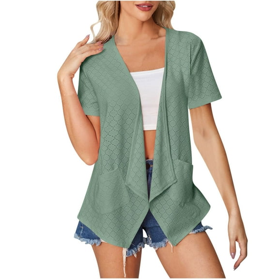 VEKDONE Short Sleeve Cardigan for Women Lightweight Hollow Out Open Front Vest High Low Hem Draped Cardigan Tops with Pockets