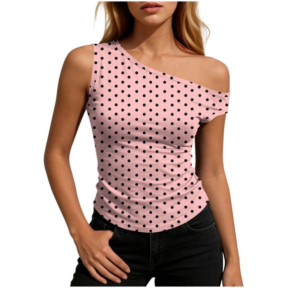 VEKDONE Off Shoulder Tunic Tops for Women Cute Sleeveless Polka Dot Shirts Sexy Ruched Going Out Tank Top Casual Stretch Slim Fit Y2K Tank Tops Pink M