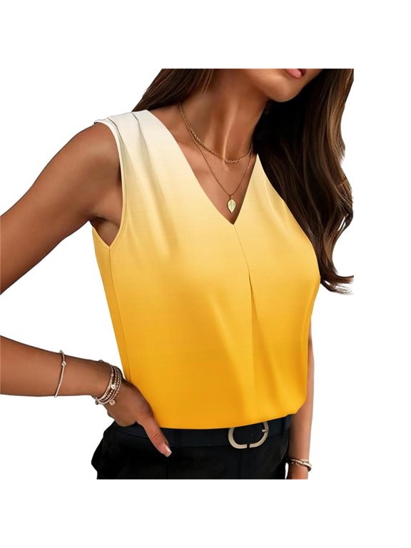 Silk Satin Tank Top for Women Casual V Neck Pleated Shirts Gradient Sleeveless Tank Tops Summer Dressy Bussiness Work Tanks Yellow XL