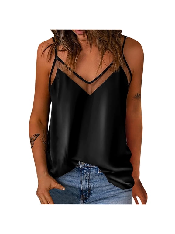 Silk Tank Top for Women Mesh V Neck Satin Camisole Silky Sleeveless Tank Cami Shirt Solid Color Soft Lightweight Spaghetti Straps Tanks Black Large