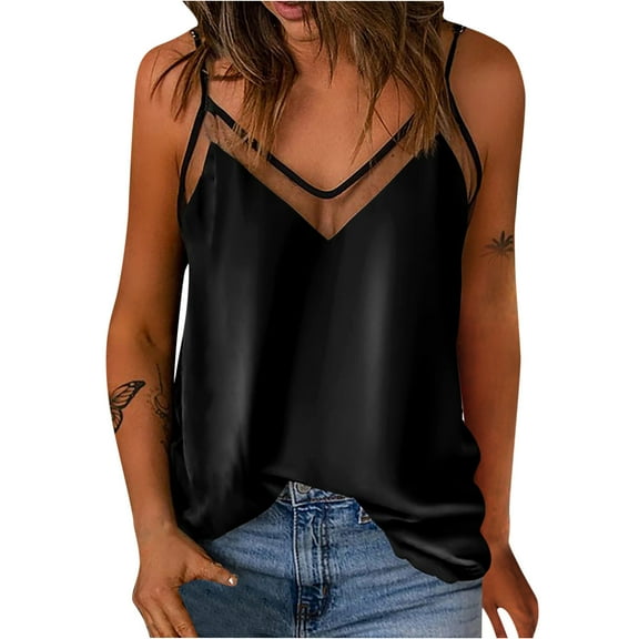 VEKDONE Silk Tank Top for Women Mesh V Neck Satin Camisole Silky Sleeveless Tank Cami Shirt Solid Color Soft Lightweight Spaghetti Straps Tanks Black Medium