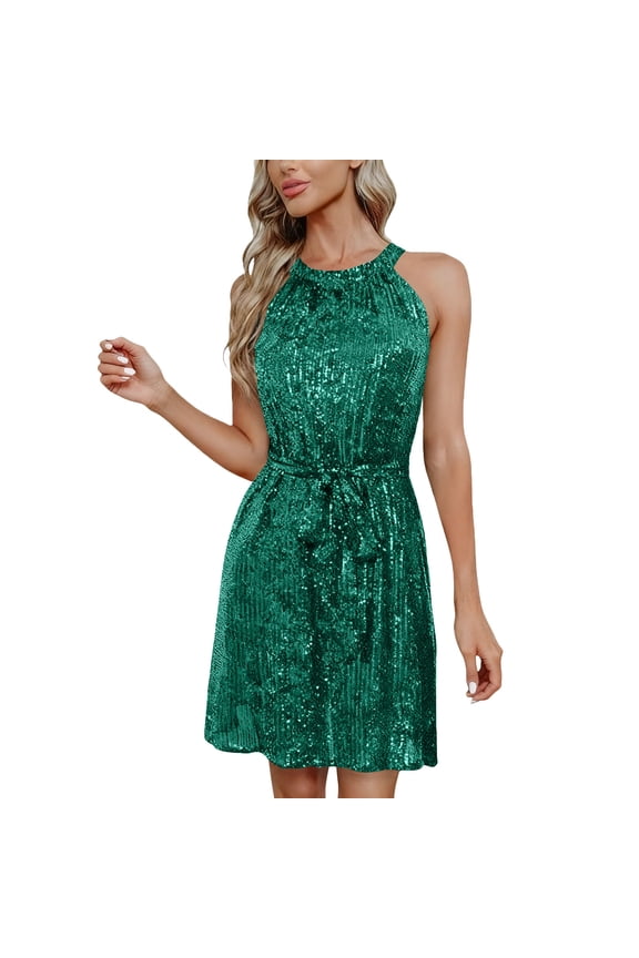 Sleeveless Sequin Dress for Women Halter Neck Sparkly Tie Waist Cocktail Dresses for Wedding Guest Fashion Party Midi Dress Green M