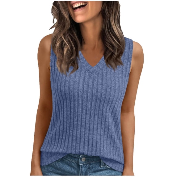 VEKDONE Solid Color Basic Tank Tops for Women Summer Ribbed Knit Sleeveless V Neck Tunic Tops Casual Soft Comfy Beach Tanks Fashion Vests Blue XXL