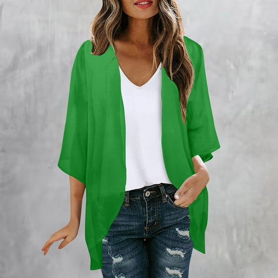 VEKDONE Solid Color Cardigan for Women Summer 3/4 Sleeve Beach Cover Ups Trendy Chiffon Kimono Cardigans Casual Loose FIt Lightweight Open Front Capes Green L