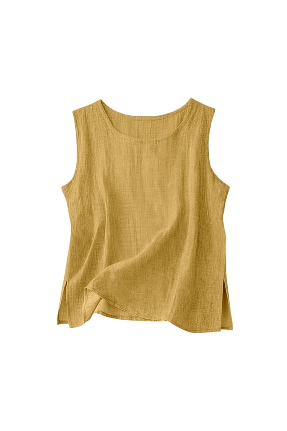 Solid Color Linen Tank Tops for Women Summer Sleeveless Crew Neck Side Split Tanks Casual Lightweght Breathable Beach Vest Yellow L