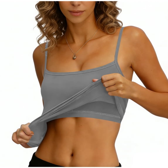 VEKDONE Spaghetti Strap Vest Women's Bulit-in-Bra Tank Tops Basic Solid Summer Sleeveless Versatile Going Out Casual T-Shirts Gray XXL