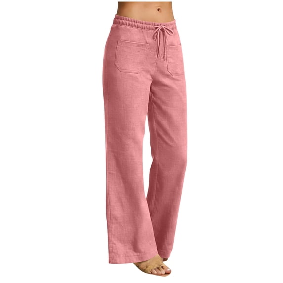 VEKDONE Straight Trousers for Women Casual Loose Fit Lightweight Wide Leg Pants Elastic Waist Drawstring Solid Palazzo Pant with Pockets Pink S