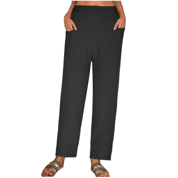 VEKDONE Straight Trousers for Women Cotton Linen Long Pants with Pockets Elastic Waisted Plus Size Lounge Pants Vacation Beach Pants Black XL