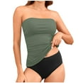 thumbnail image 1 of VEKDONE Strapless Tankini Swimsuits for Women Bandeau Bathing Suits Ruched Tummy Control Tube Top with Bikini Bottom Solid Color Swimwear Set Army Green L, 1 of 6