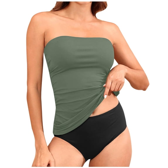 VEKDONE Strapless Tankini Swimsuits for Women Bandeau Bathing Suits Ruched Tummy Control Tube Top with Bikini Bottom Solid Color Swimwear Set Army Green L