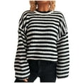 thumbnail image 1 of VEKDONE Striped Knit Sweater for Women Fall Fashion Crochet Color Block Sweaters Raglan Long Sleeve Crew Neck Pullover Top Soft Loose Fit Knitwear, 1 of 5