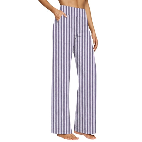 VEKDONE Striped Pants for Women Elastic High Waist Wide Leg Trousers Loose Fit Color Block Palazzo Slacks Vertically Patterned Loung Long Pants with Pockets Purple L