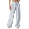 thumbnail image 1 of VEKDONE Striped Straight Trousers for Women High Waisted Drawstring Wide Leg Long Pants Elastic Waist Loose Fit Palazzo Pants with Pockets Light Blue M, 1 of 5