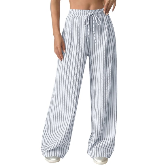 VEKDONE Striped Straight Trousers for Women High Waisted Drawstring Wide Leg Long Pants Elastic Waist Loose Fit Palazzo Pants with Pockets Light Blue M