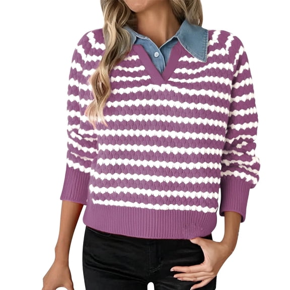 VEKDONE Striped Sweaters for Women 2 in 1 Button Lapel Knitted Pullover Fake 2 Piece Knit Long Sleeve Sweater Tops Winter Warm Jumpers