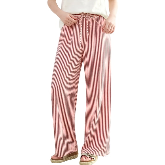 VEKDONE Striped Wide Leg Pants for Women Casual Loose Fit Drawstring Straight Trousers Elastic Waist Comfy Lightweight Lounge Pants with Pockets Red S