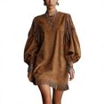 thumbnail image 1 of VEKDONE Suede Dress for Women Formal Tassel Crew Neck Suede Vintage Loose Fringe Puff Long Sleeve Western Cowboy Mini Dress Brown XL, 1 of 5