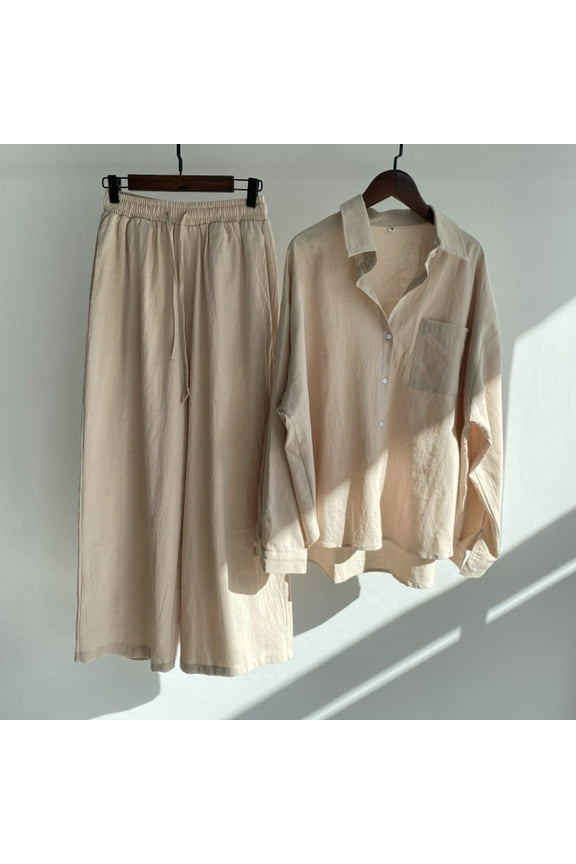 Summer Cotton Linen Sets 2 Piece Long Sleeve Button Lapel Shirts with Wide Leg Pants Solid Color Loose Fit Blouse Match Drawstring Palazzo Pants Suits