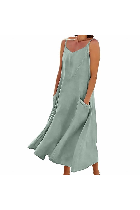 Summer Cotton Midi Dresses for Women Sleeveless Backless Cami Dress Solid Color Loose Fit Pleated Sundress Casual Vacation Beach Dress with Pockets Mint Green XXXL